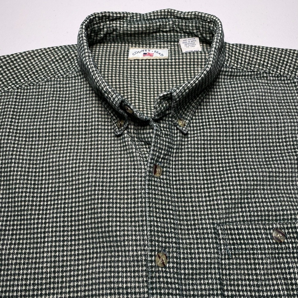 90s Y2K County Seat Corduroy Shirt XL Mens L/S Green Beige Houndstooth Retro